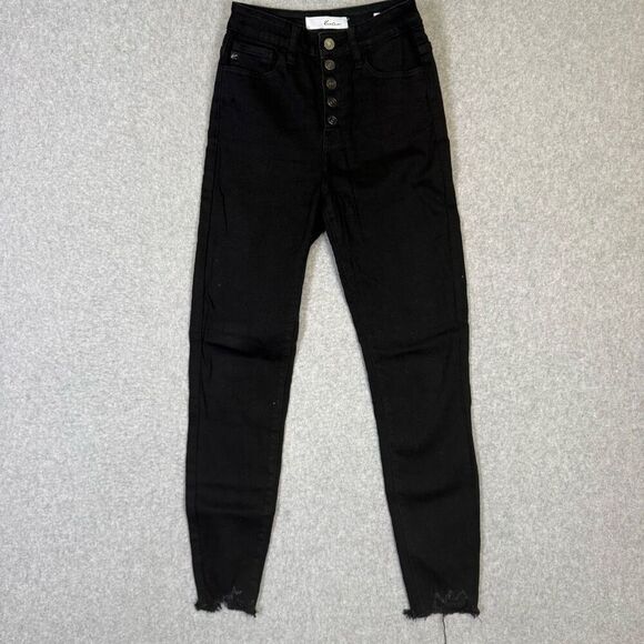 Kancan Women Size 1/24 Black Button Fly High Waisted Skinny Jeans Distressed Hem - Picture 1 of 6